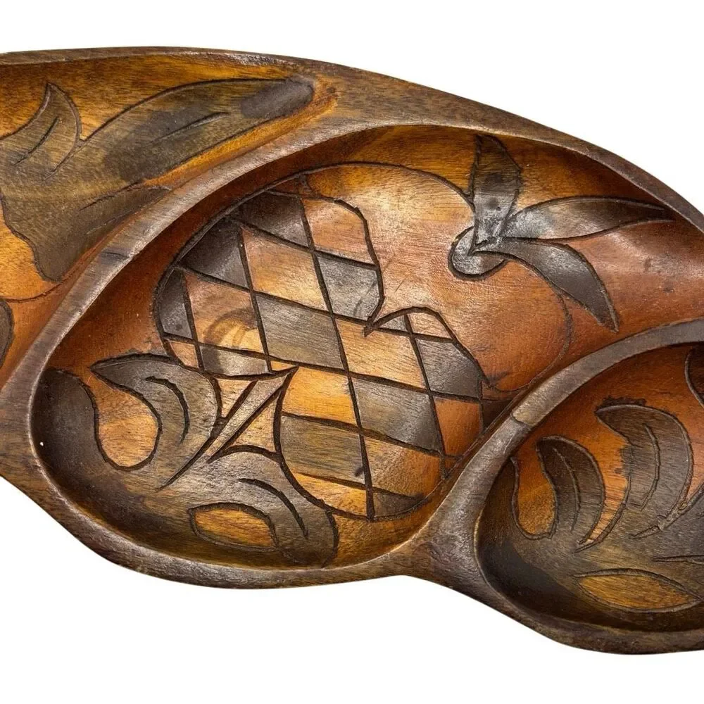 Vintage Monkey Pod Wood Leaf Serving Dish – 3 Section Hand-Carved Pineapple Tray